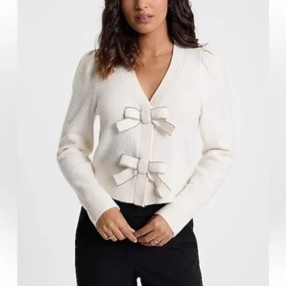 🌞 EXPRESS Bow V-Neck Puff Shoulder Cardigan Sweater Ivory White XS
